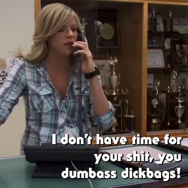 A classic angry Sweet Dee quote as she insults someone with a string of curse words over the phone.