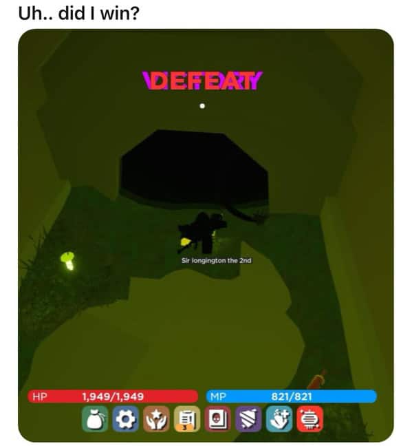 Video game shows both full health and defeat screen