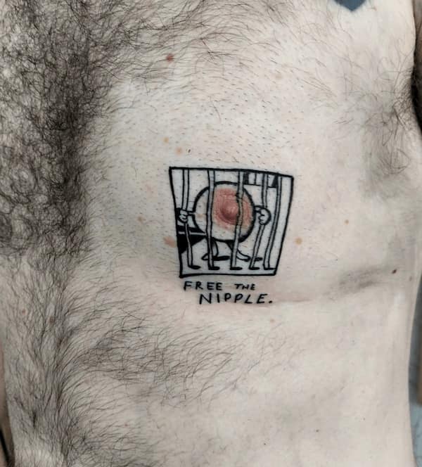 A cartoon-style tattoo of a nipple behind prison bars with the phrase “FREE THE NIPPLE.”
