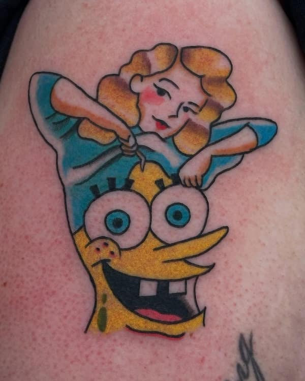A tattoo of a woman unzipping her face to reveal SpongeBob SquarePants underneath.