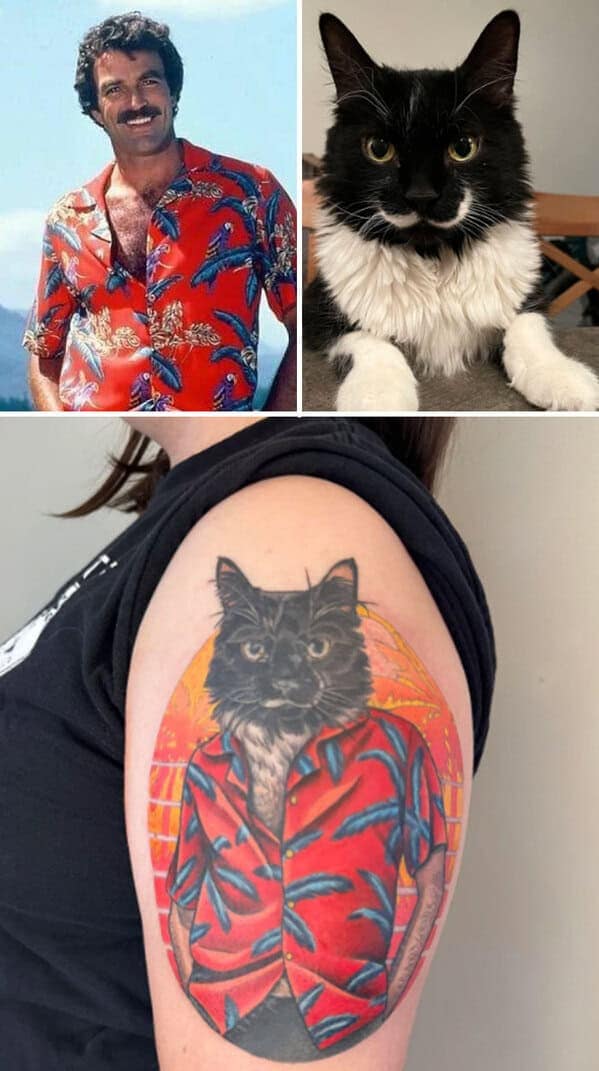 Tattoo of cat wearing Hawaiian shirt inspired by Tom Selleck photo
