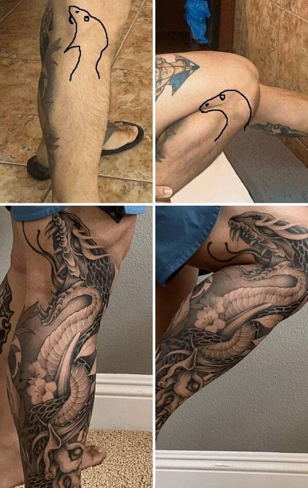 Dragon tattoo sleeve created from simple animal doodle