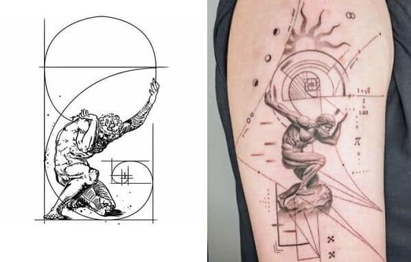 Atlas-style tattoo based on golden ratio sketch with mathematical design