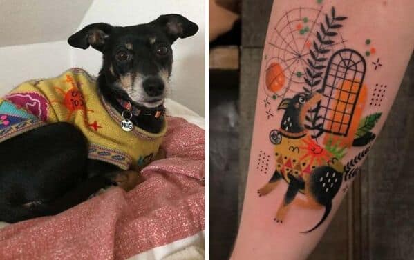 Abstract dog tattoo based on photo of dog in sweater