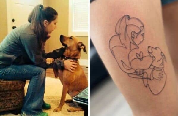 Minimalist line tattoo of woman hugging dog from reference photo