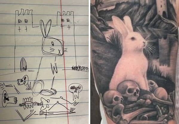 Hyperrealistic bunny tattoo based on child’s crayon drawing