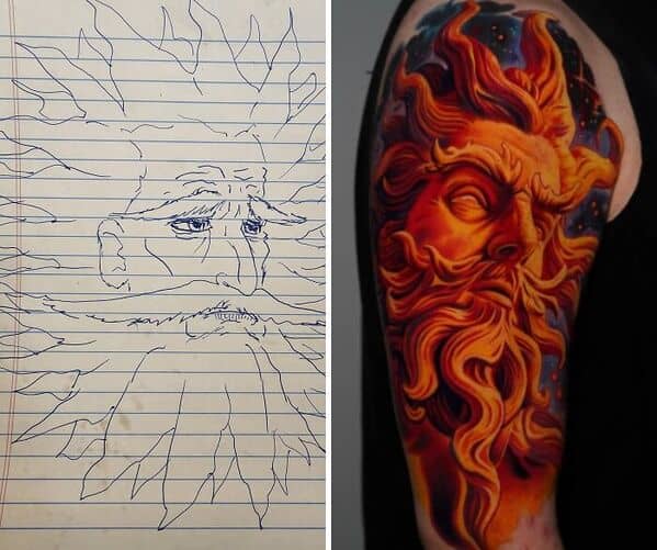 Fire god tattoo created from child’s sun-faced notebook sketch