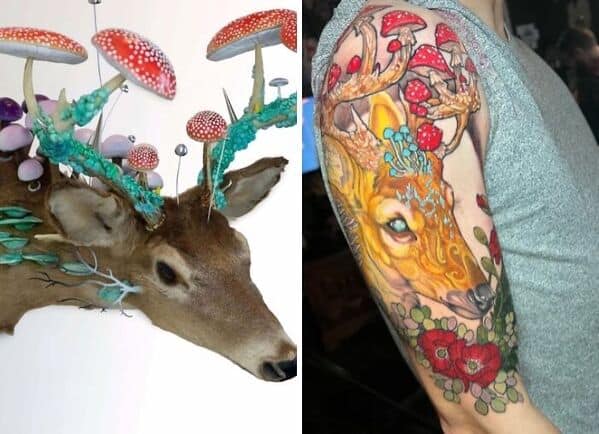 Tattoo of deer with mushroom antlers based on fantasy taxidermy art