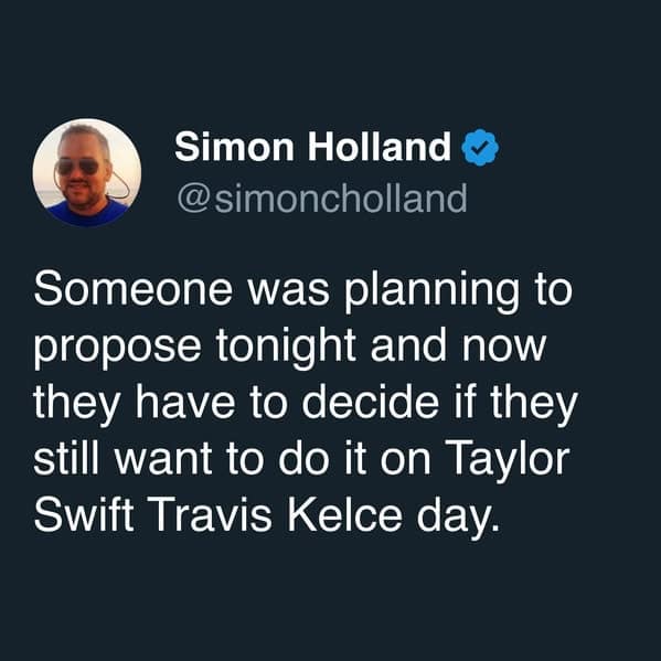 Tweet about reconsidering a proposal because of big celebrity news.