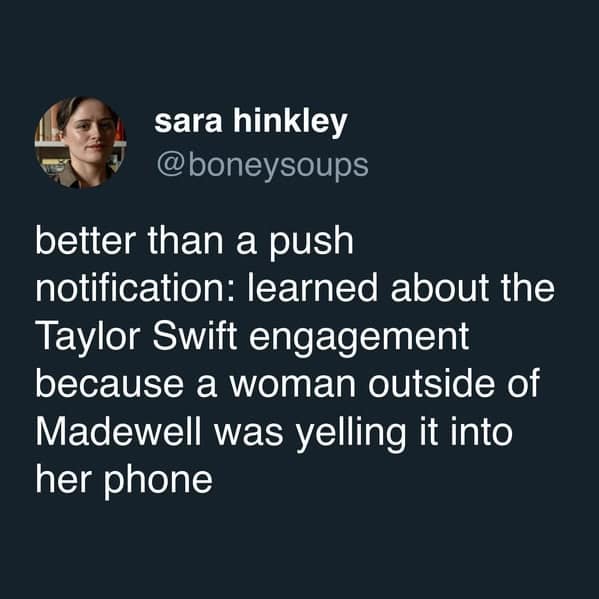 Tweet recalls hearing engagement news shouted on a phone outside shop.