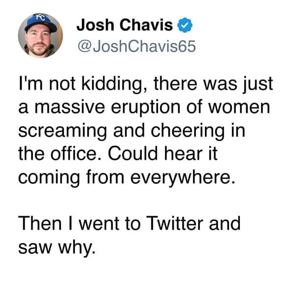 Tweet recounts office cheers erupting as people learned engagement.