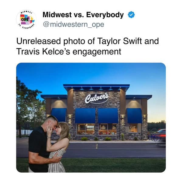 Edited photo places embracing couple outside a Culver’s restaurant.