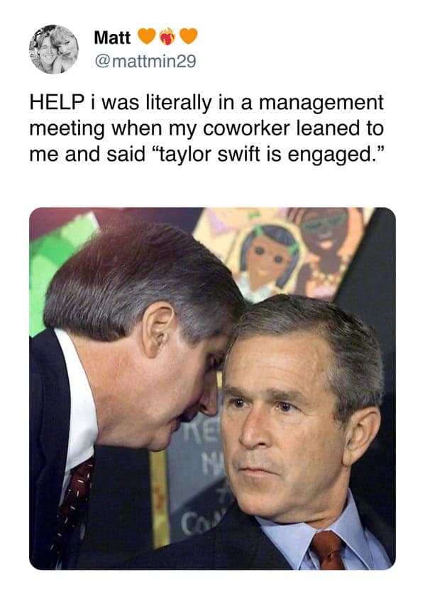 George bush meme guy leans in to whisper urgent news during meeting.
