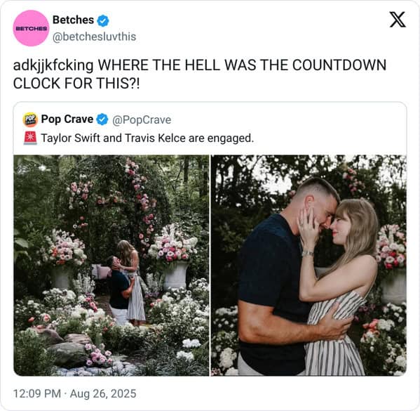Two photos show a couple embracing in a lush flower garden.