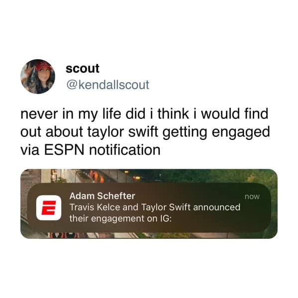 Phone screenshot shows sports app alert about Taylor Swift Travis Kelce engagement.