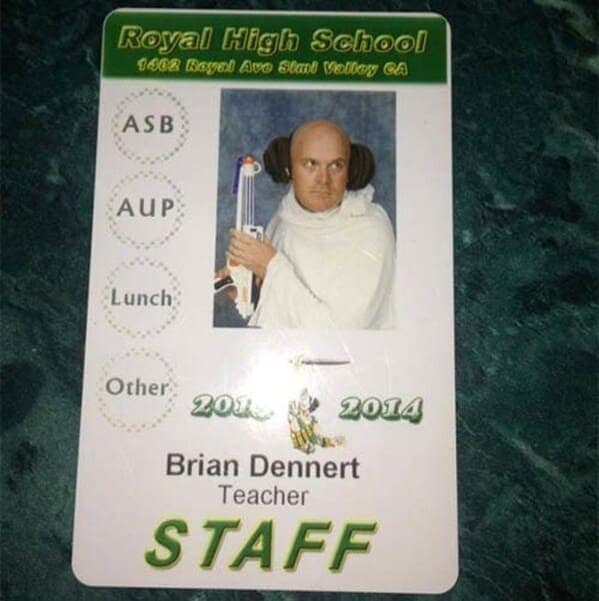A funny teacher prank showing a male teacher dressed as Princess Leia for his ID photo.