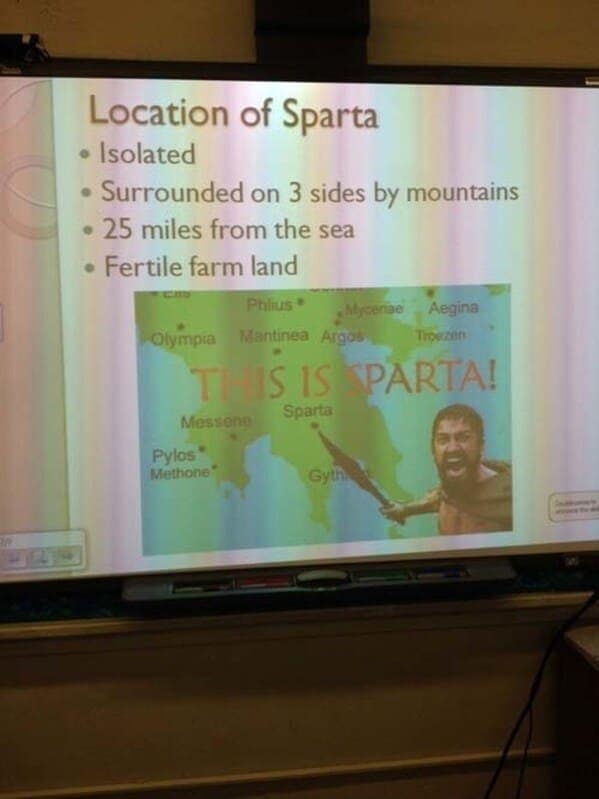 A funny teacher prank where a history lesson about Sparta includes a meme from the movie "300."