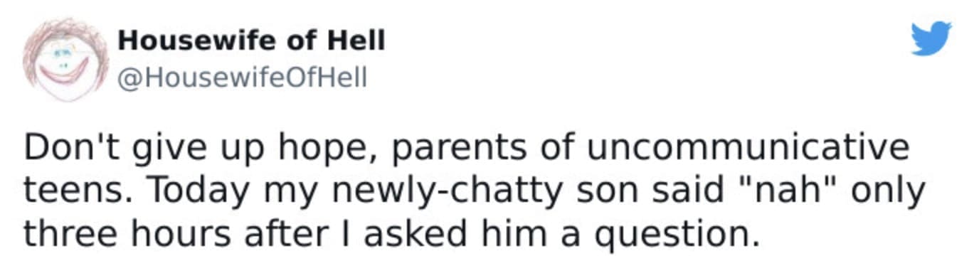 A dry-humored tweet showing the slow and minimal communication typical of teens, a recurring theme in teenager memes.