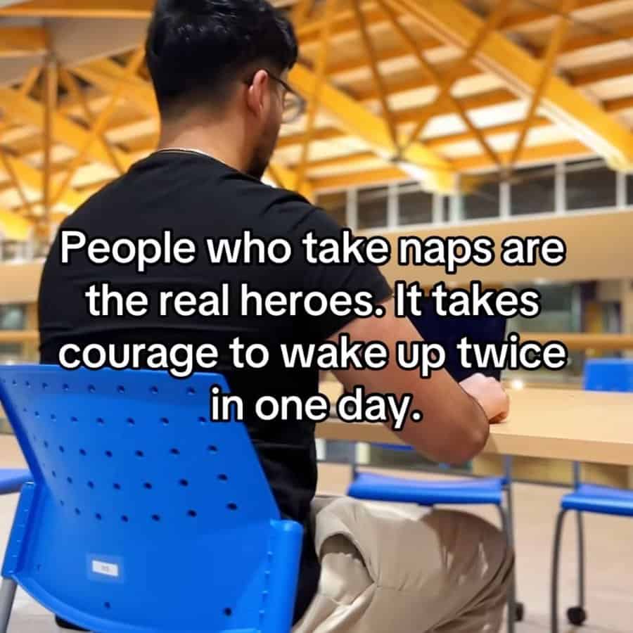 Man sitting in blue chair with quote about nap courage
