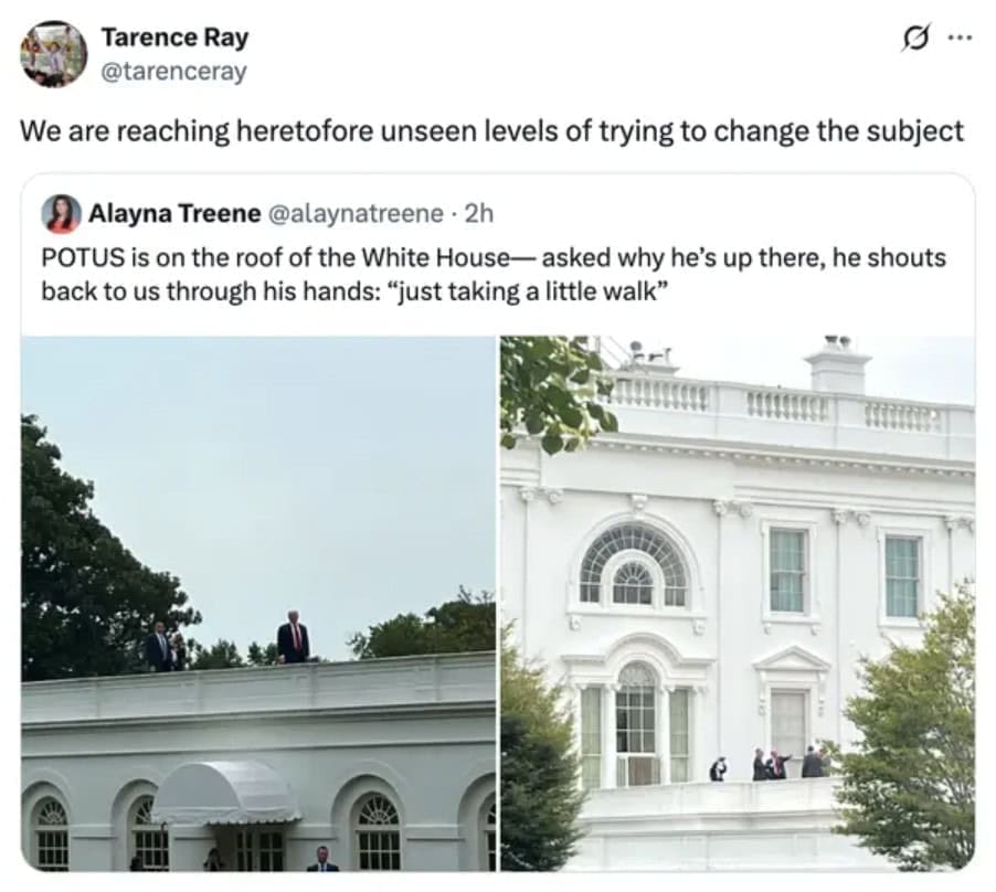Trump White House roof meme of a rooftop protest with oversized props.