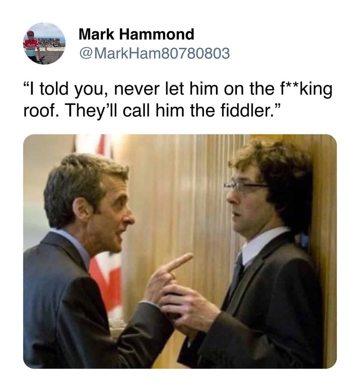 Trump White House roof meme with an exaggerated rooftop rescue scene.