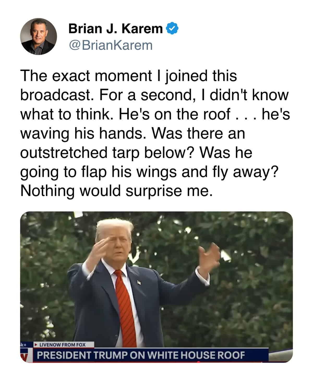 Trump White House roof meme showing a surreal rooftop party with political figures.