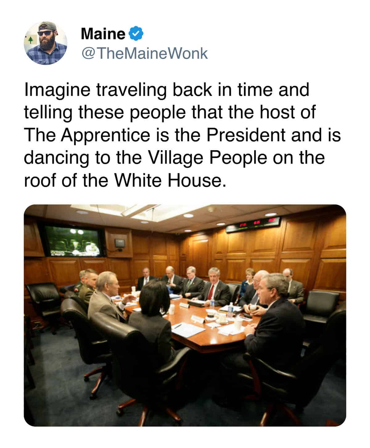 Trump White House roof meme of a chaotic rooftop press conference.