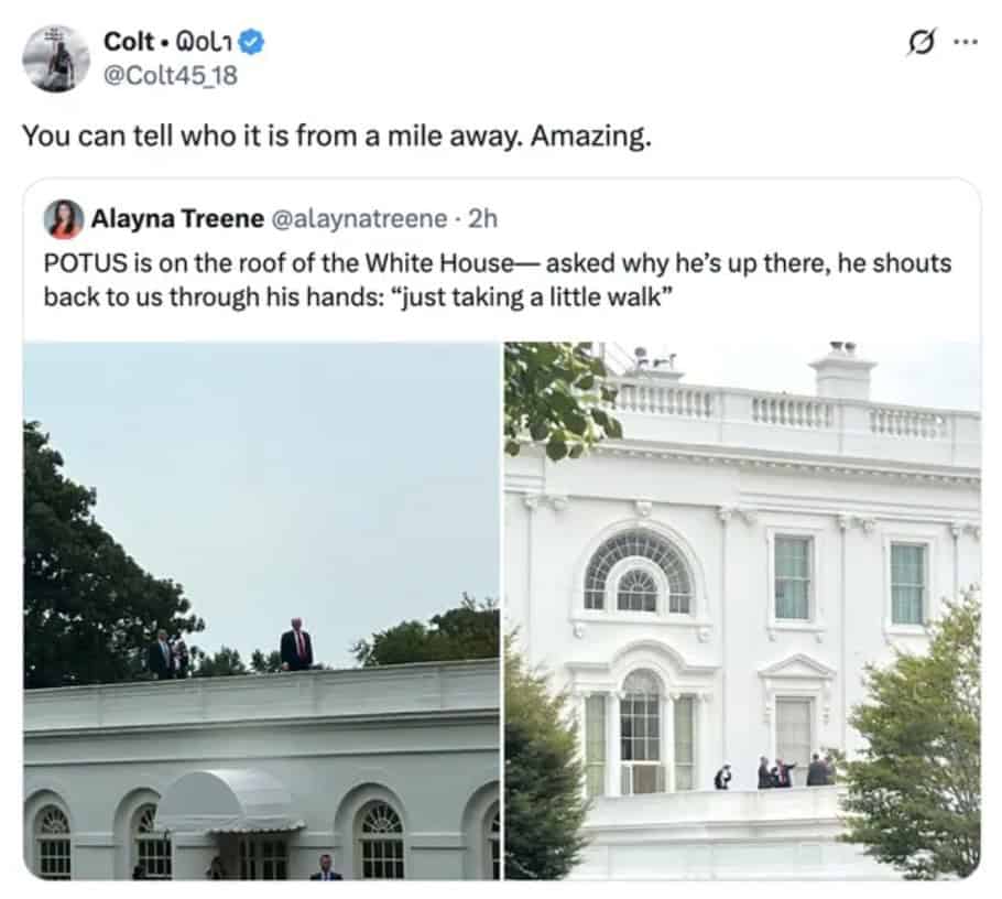 Trump White House roof meme featuring a rooftop helicopter escape gag.