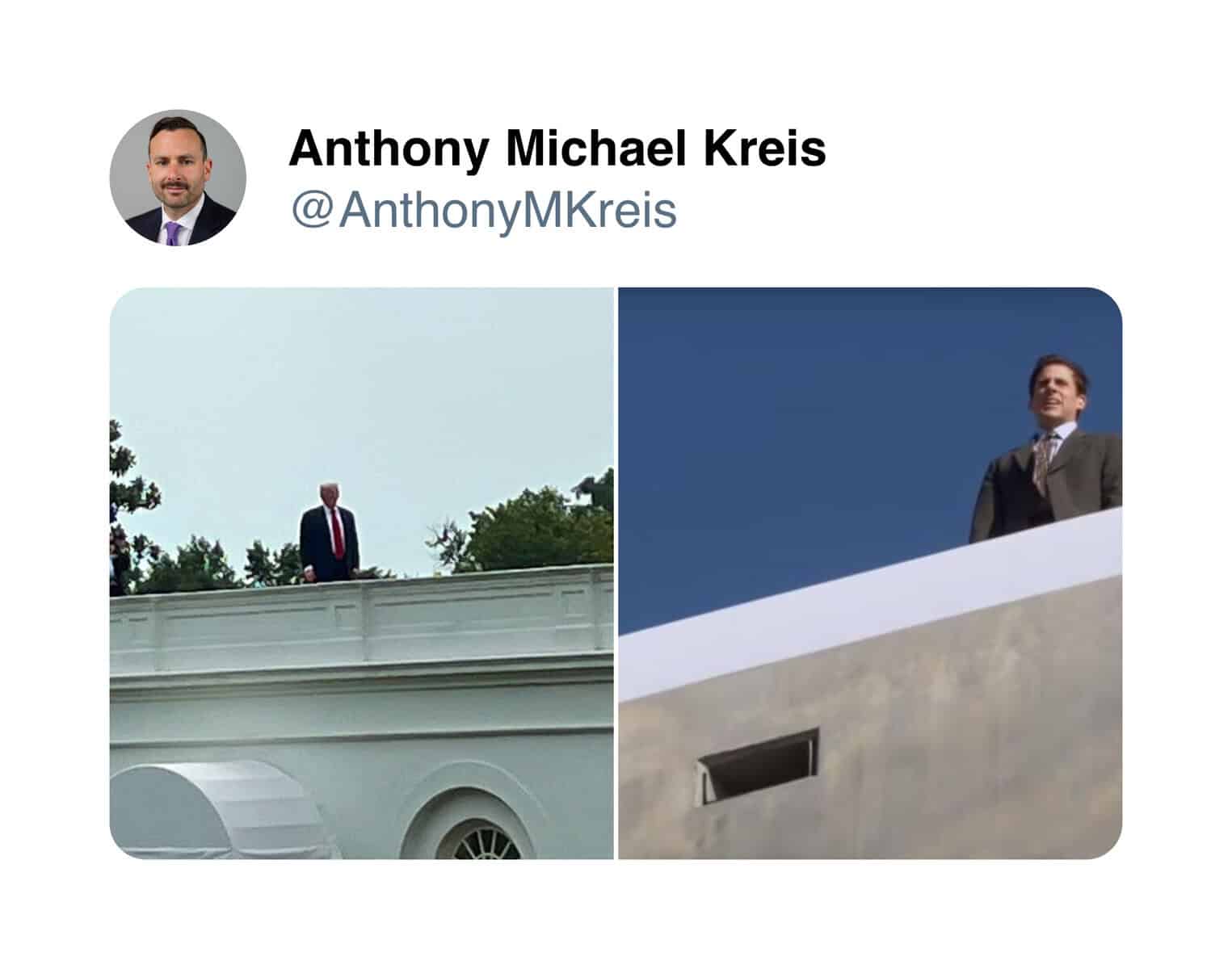 Trump White House roof meme capturing a ridiculous rooftop stunt for comedic effect.