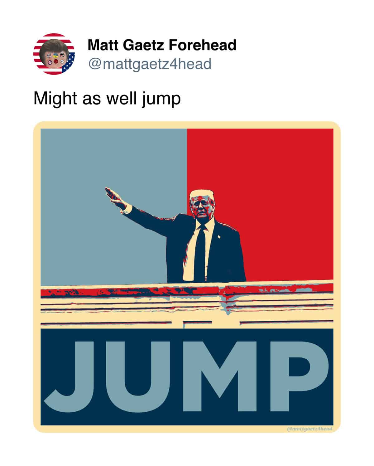 Trump White House roof meme with an exaggerated rooftop rescue scene.