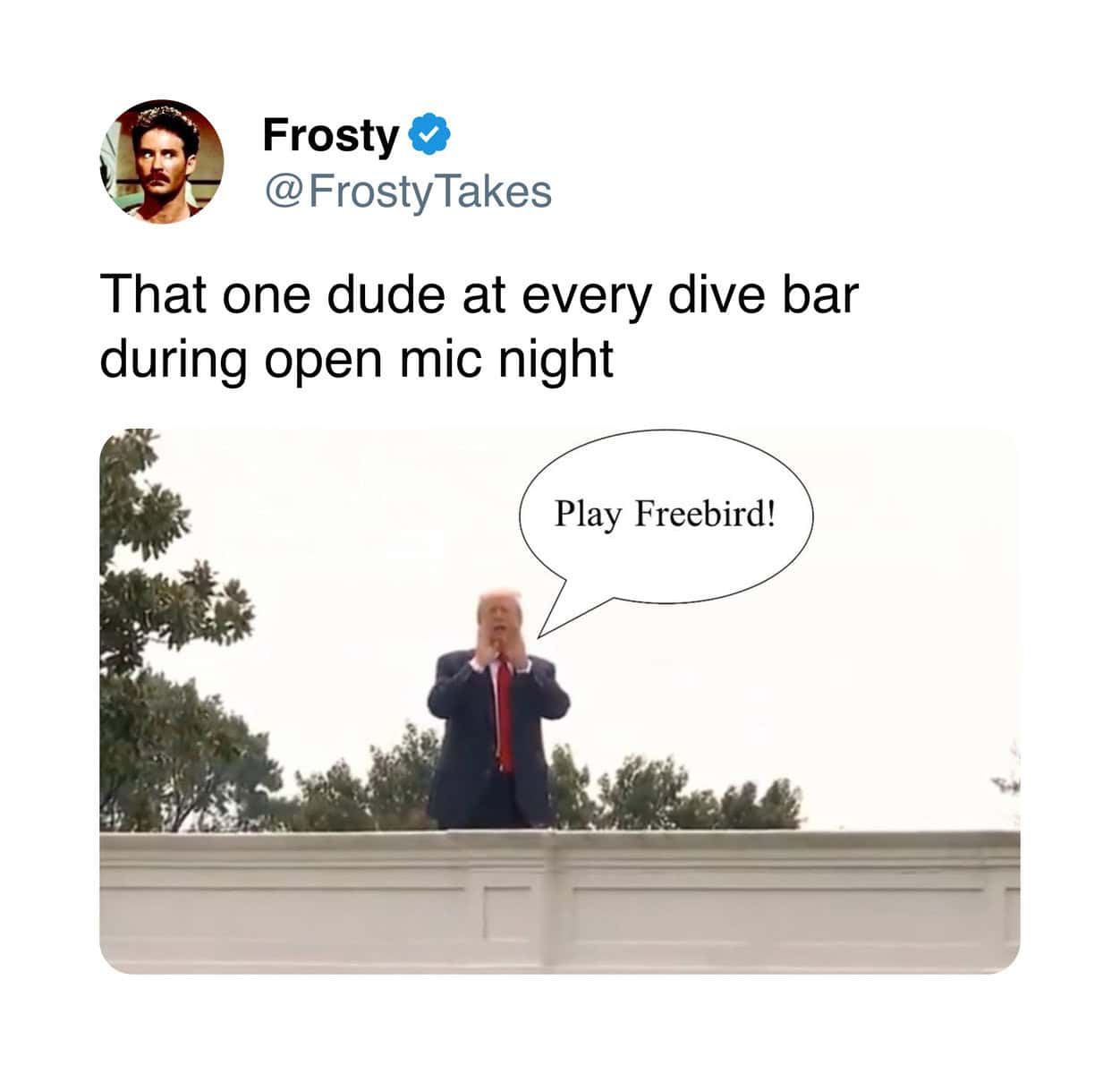 Trump White House roof meme of a chaotic rooftop press conference.