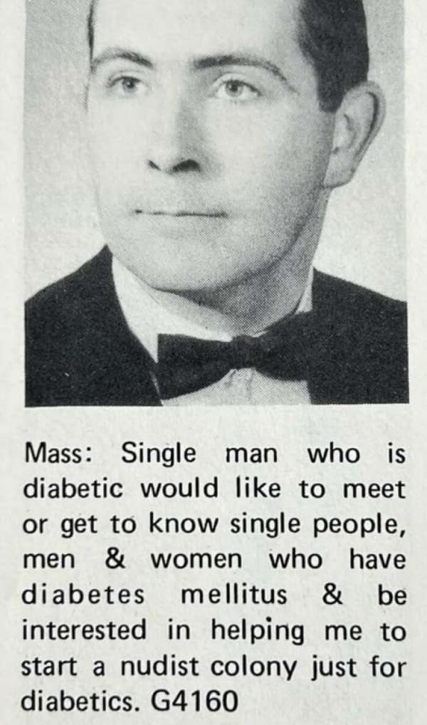 Black-and-white headshot beside a classifieds blurb from a single diabetic man seeking other diabetics.