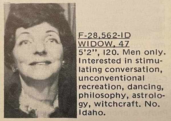 Smiling widow’s portrait next to text listing her height and quirky interests like astrology and witchcraft.