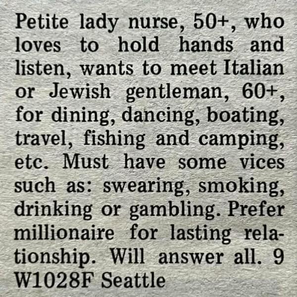 Block paragraph from a “petite lady nurse, 50+” requesting a 60+ Italian or Jewish gentleman with a few vices.