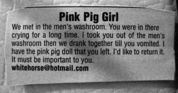 Missed-connections style clipping titled “Pink Pig Girl,” recalling a chance meeting in a men’s washroom.