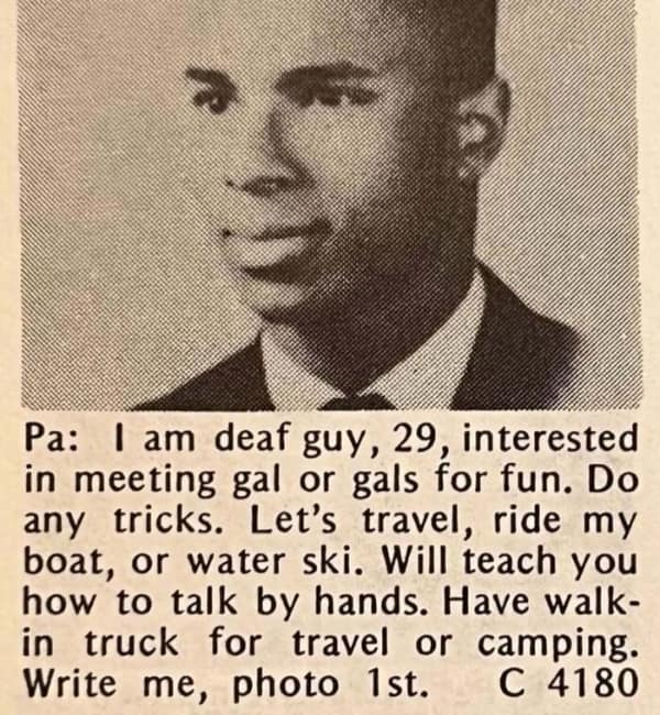 Young man’s portrait above text: a 29-year-old deaf guy offering travel, water-skiing, and to “talk by hands.”