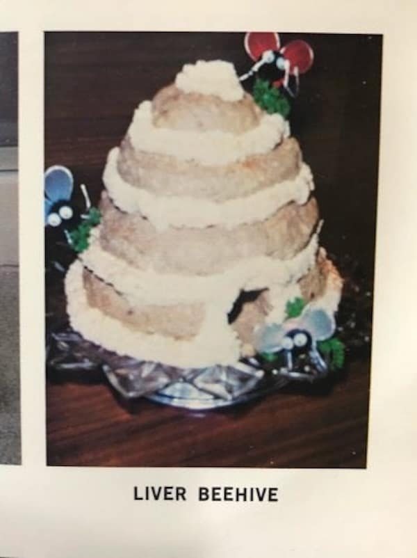 A vintage recipe card showing a tiered, beehive-shaped meatloaf titled "Liver Beehive."