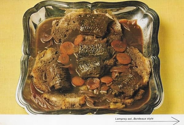 A vintage recipe showing "Lamprey eel, Bordeaux style" with pieces of eel in sauce.