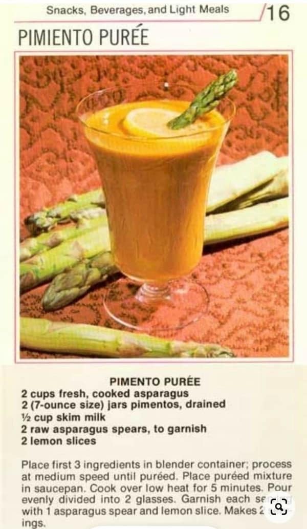 A strange vintage recipe for "Pimiento Purée," a thick orange drink in a glass.