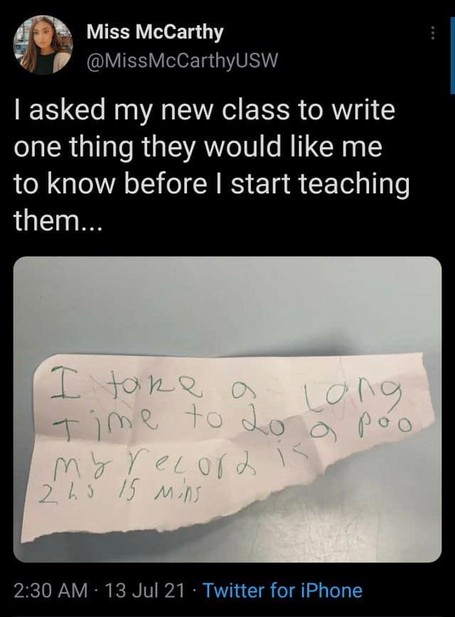 Hilarious note from student warning teacher about long bathroom breaks