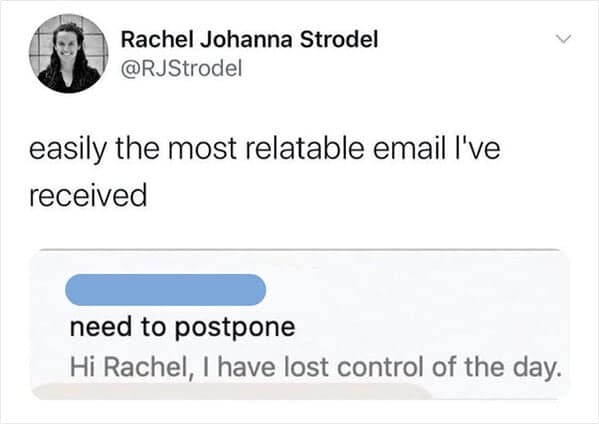 A relatable work email meme where someone postpones a meeting because they have "lost control of the day."