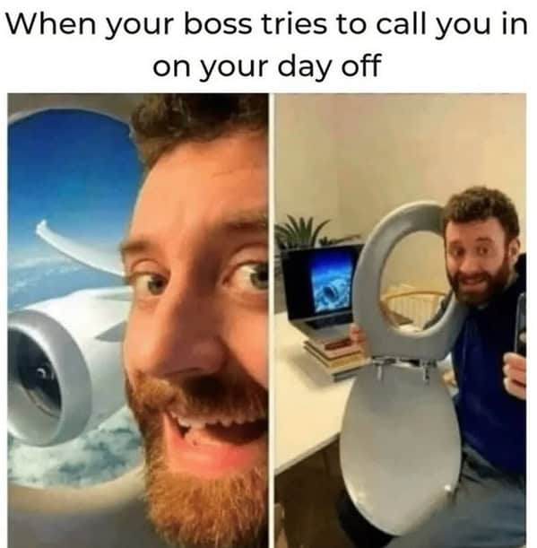 Man poses in front of a toilet seat with a laptop and a beach scene background, pretending to be on a flight