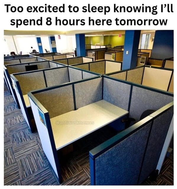 empty cubicles with the caption: “Too excited to sleep knowing I’ll spend 8 hours here tomorrow.”