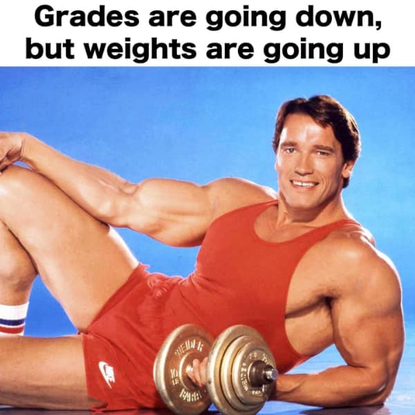 Workout memes using a vintage bodybuilder pose to say grades are down but weights are up.