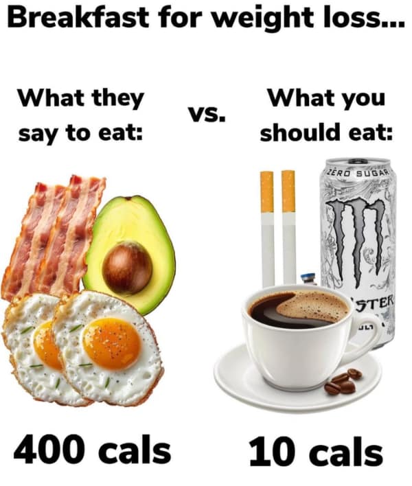 Workout memes joking that coffee and energy drinks “beat” eggs and avocado for weight-loss breakfast.