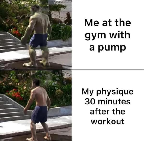 Workout memes showing the pump: Hulk in the gym, regular size thirty minutes later.