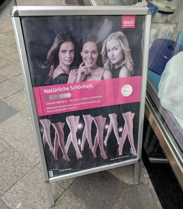 One of the worst ads featuring a bizarre design choice that creates a three-headed leg monster.