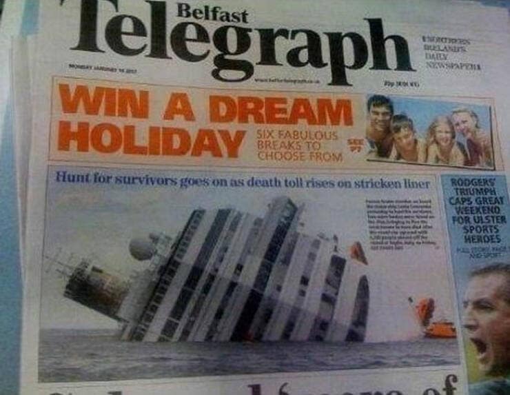One of the worst ads due to its terrible placement next to a cruise ship disaster story.