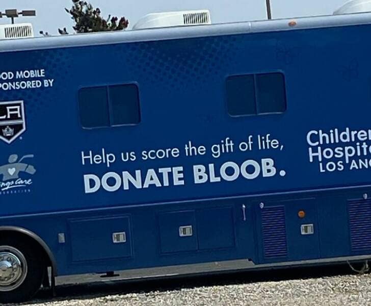 One of the worst ads ever, a blood drive van with a hilarious "Donate Bloob" typo.