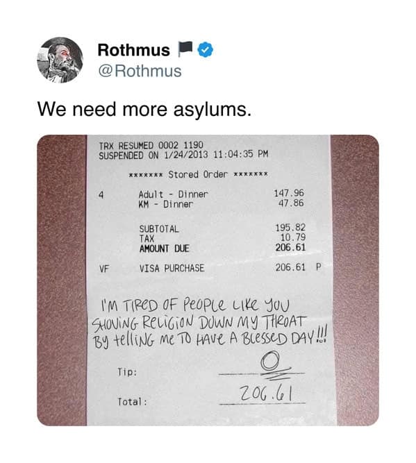 One of the worst server tips, a receipt with an angry note about religion from a customer.